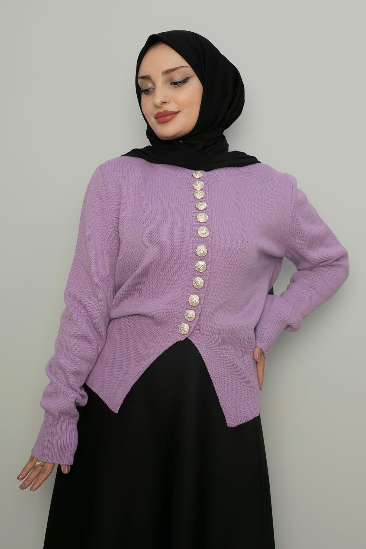 Sayra Shawl kadın lila düğme detaylı triko hırka SYR017