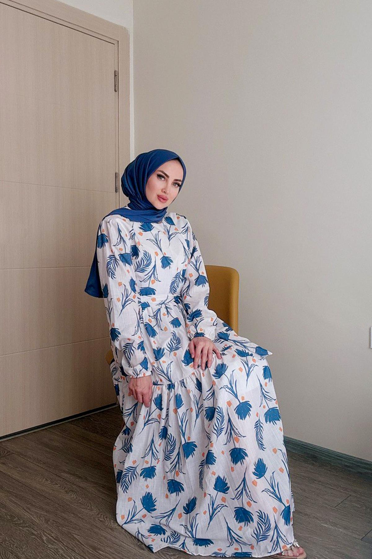 Sayra Shawl kadın mavi çiçek desenli tesettür elbise SYR010