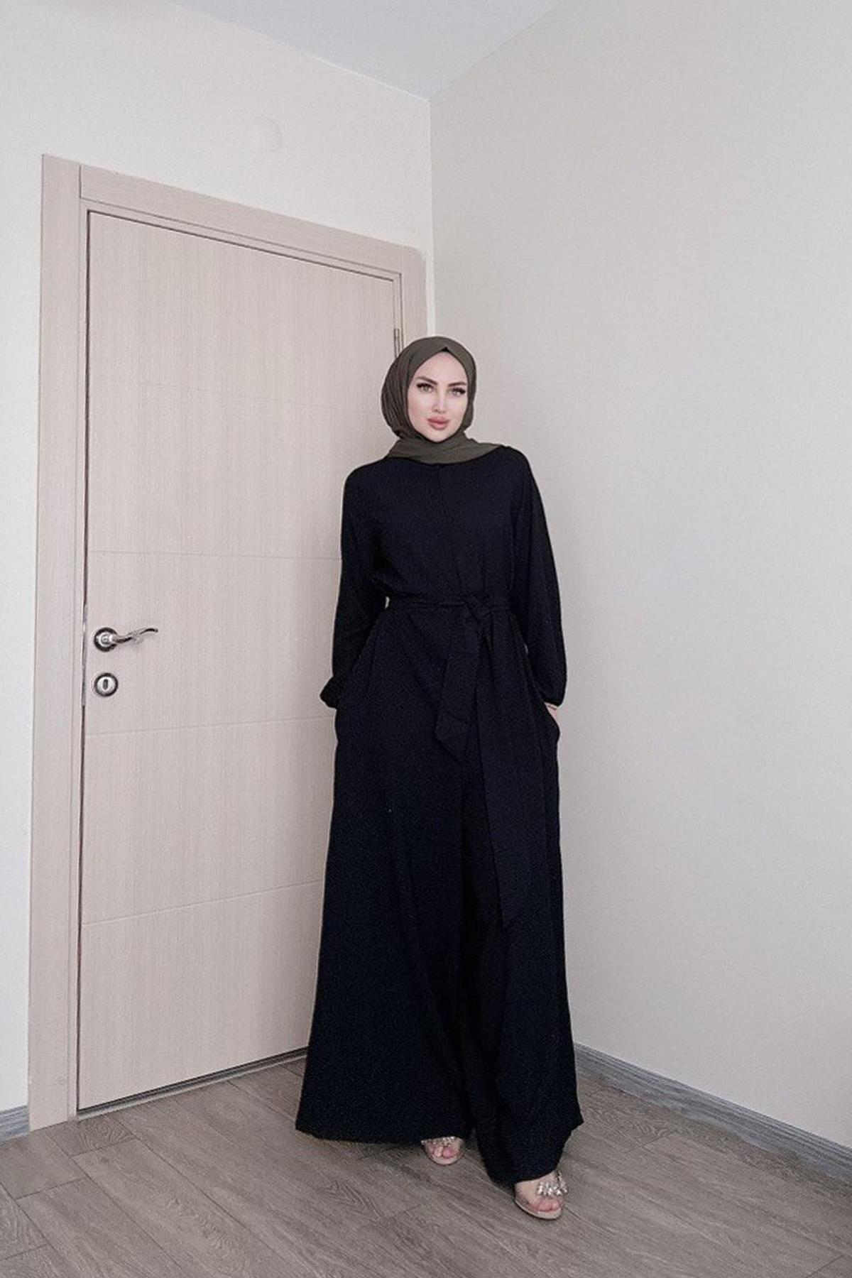 Sayra shawl kadın siyah kuşaklı salaş kesim tesettür tulum SYR009