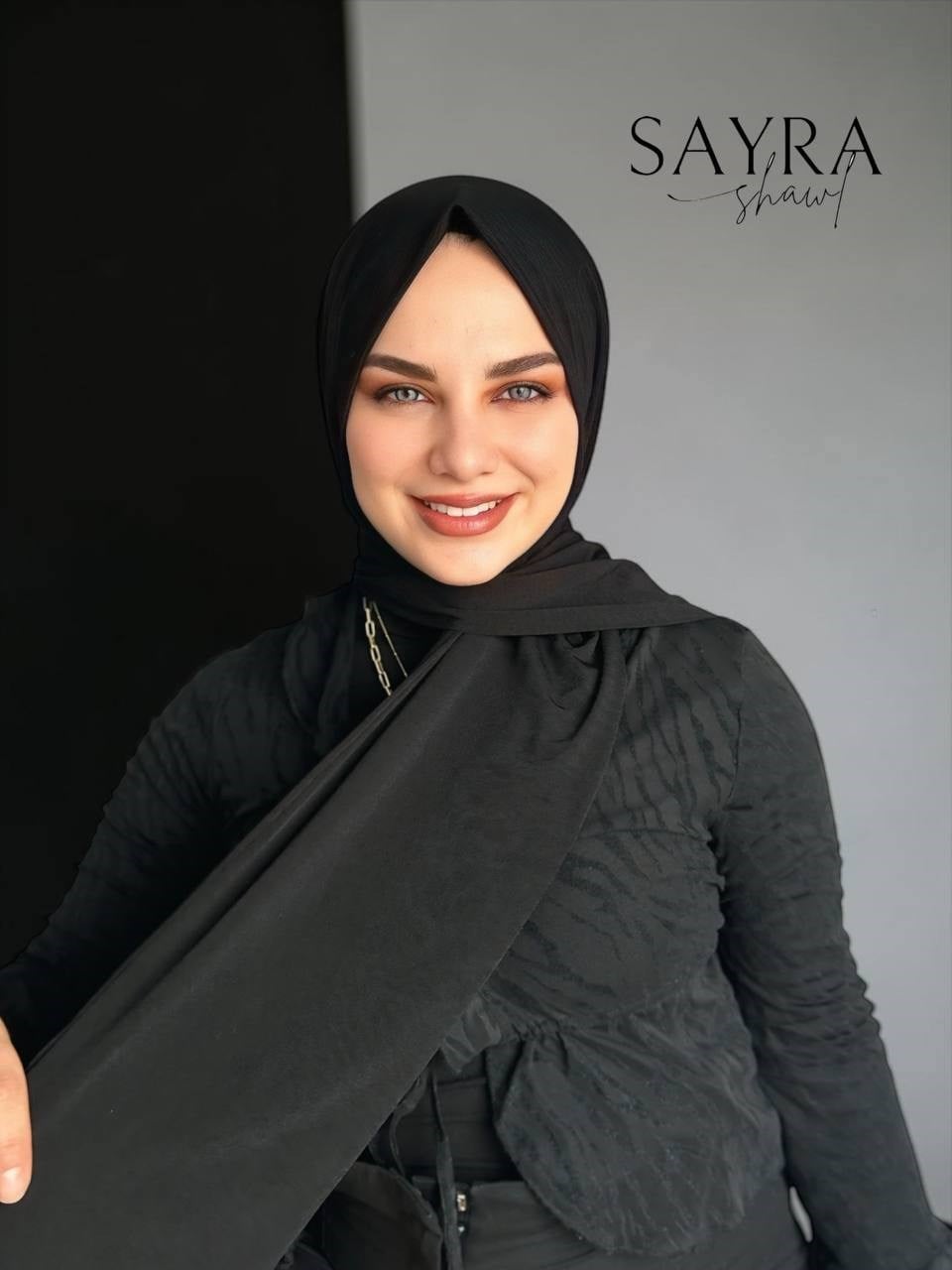 Sayra shawl kadın siyah likralı kumaş hazır çıtçıtlı şal SYR008
