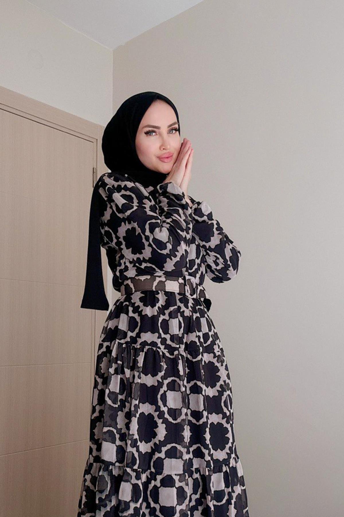 Sayra Shawl kadın yeni sezon desenli tesettür elbise SYR012