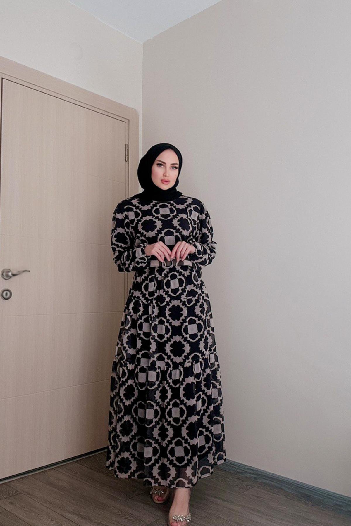 Sayra Shawl kadın yeni sezon desenli tesettür elbise SYR012