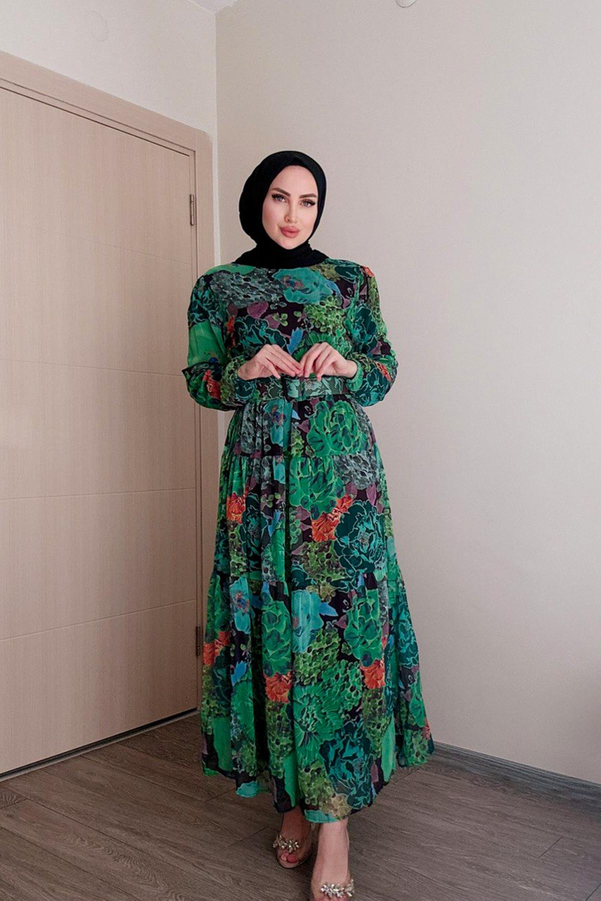 Sayra Shawl kadın yeşil bisiklet yaka tesettür elbise SYR011