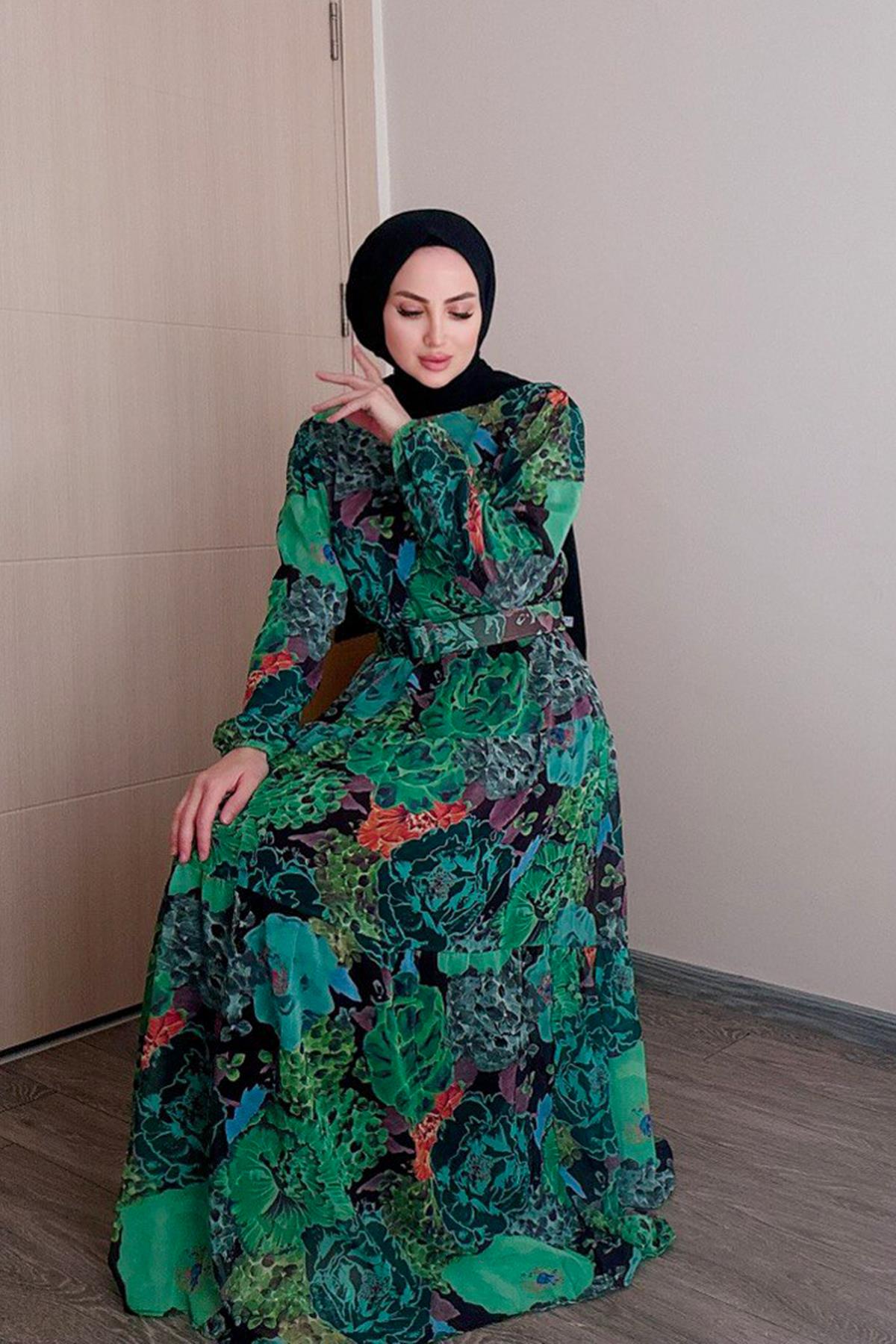 Sayra Shawl kadın yeşil bisiklet yaka tesettür elbise SYR011