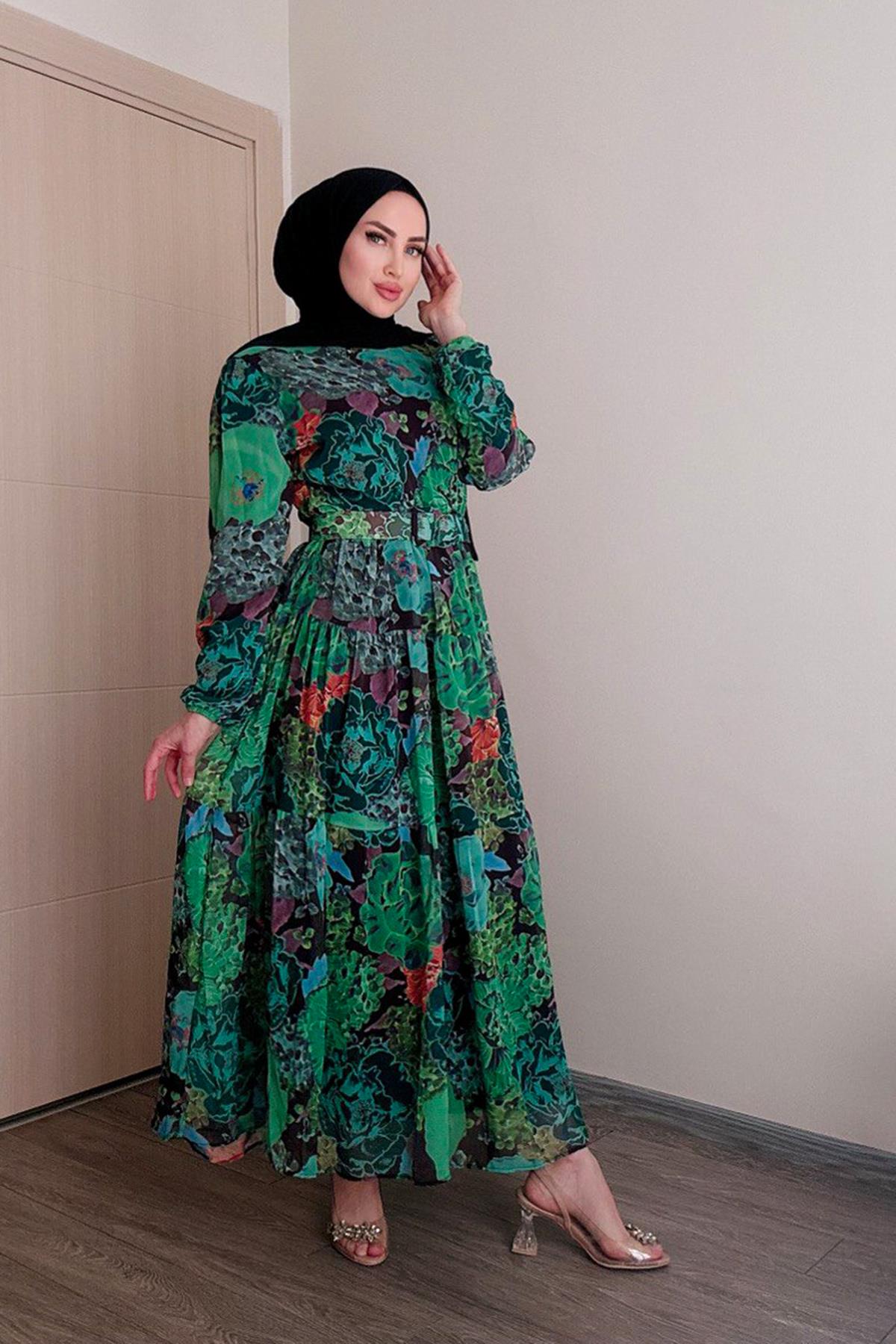 Sayra Shawl kadın yeşil bisiklet yaka tesettür elbise SYR011