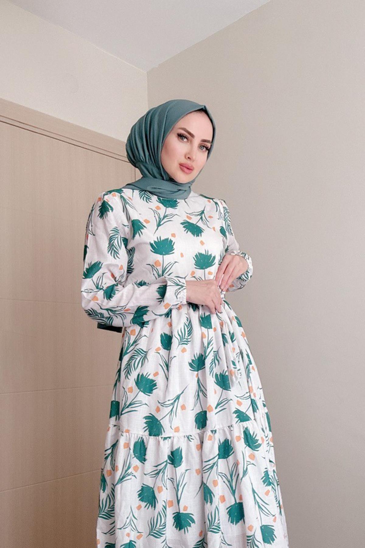 Sayra Shawl kadın yeşil çiçek desenli tesettür elbise SYR010