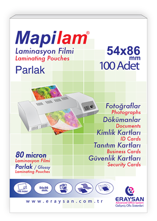 MAPİLAM 80 MİCRON PARLAK LAMİNASYON FİLMİ (KREDİ KARTI) (54X86) 100 LÜ