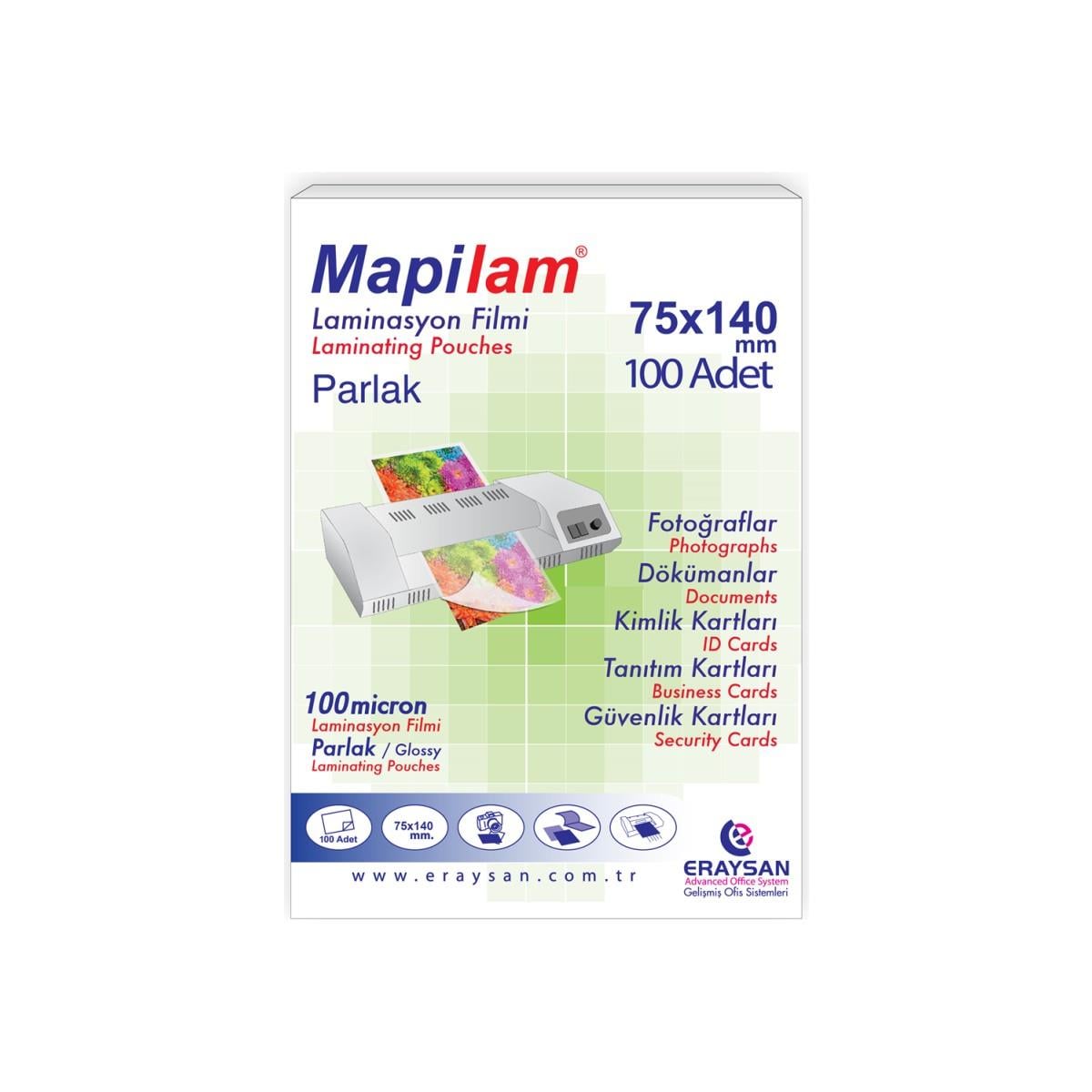 MAPİLAM 100 MİCRON PARLAK LAMİNASYON FİLMİ (75X140) 100 LÜ