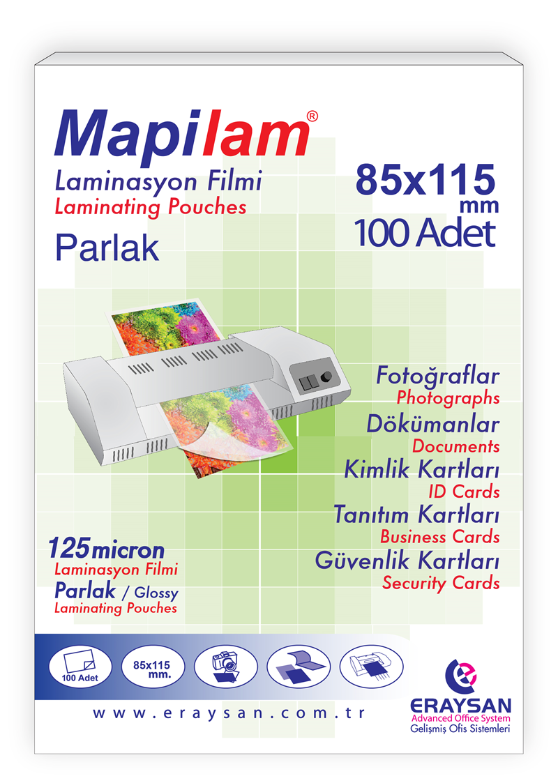 MAPİLAM 125 MİCRON PARLAK LAMİNASYON FİLMİ (BÜYÜK KİMLİK) (85X115) 100 LÜ