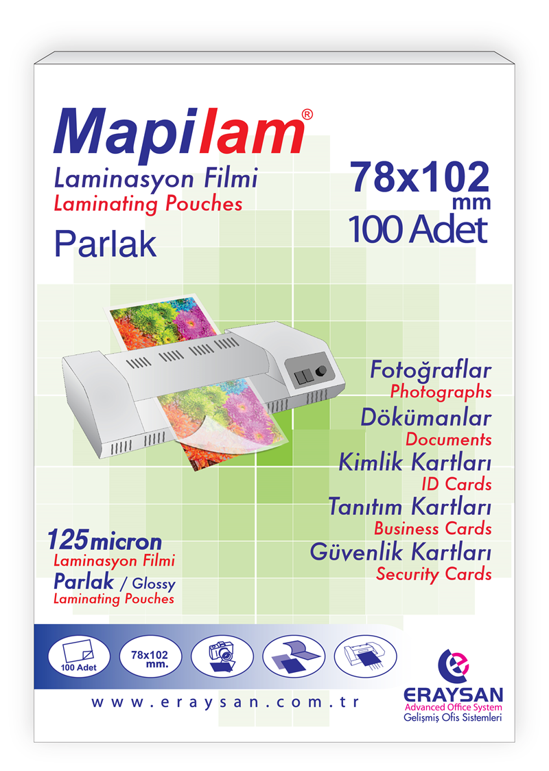 MAPİLAM 125 MİCRON PARLAK LAMİNASYON FİLMİ (K. KİMLİK) (78X102) 100 LÜ