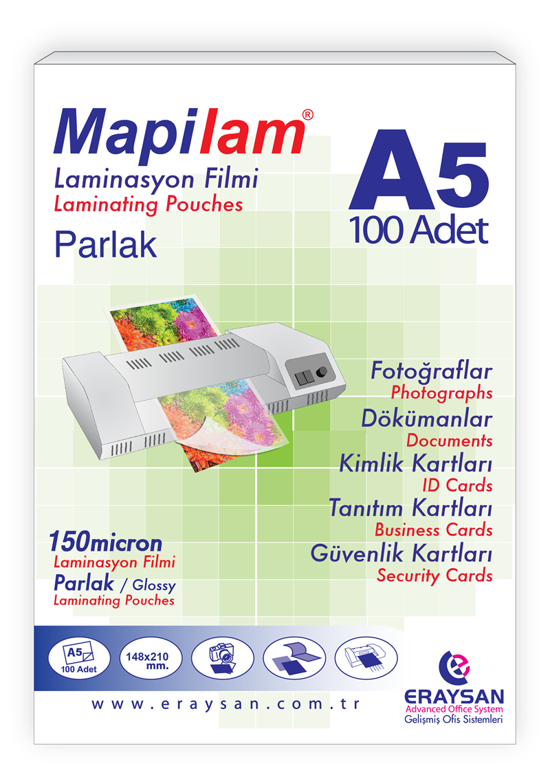 MAPİLAM 150 MİCRON PARLAK LAMİNASYON FİLMİ (A5) 100 LÜ