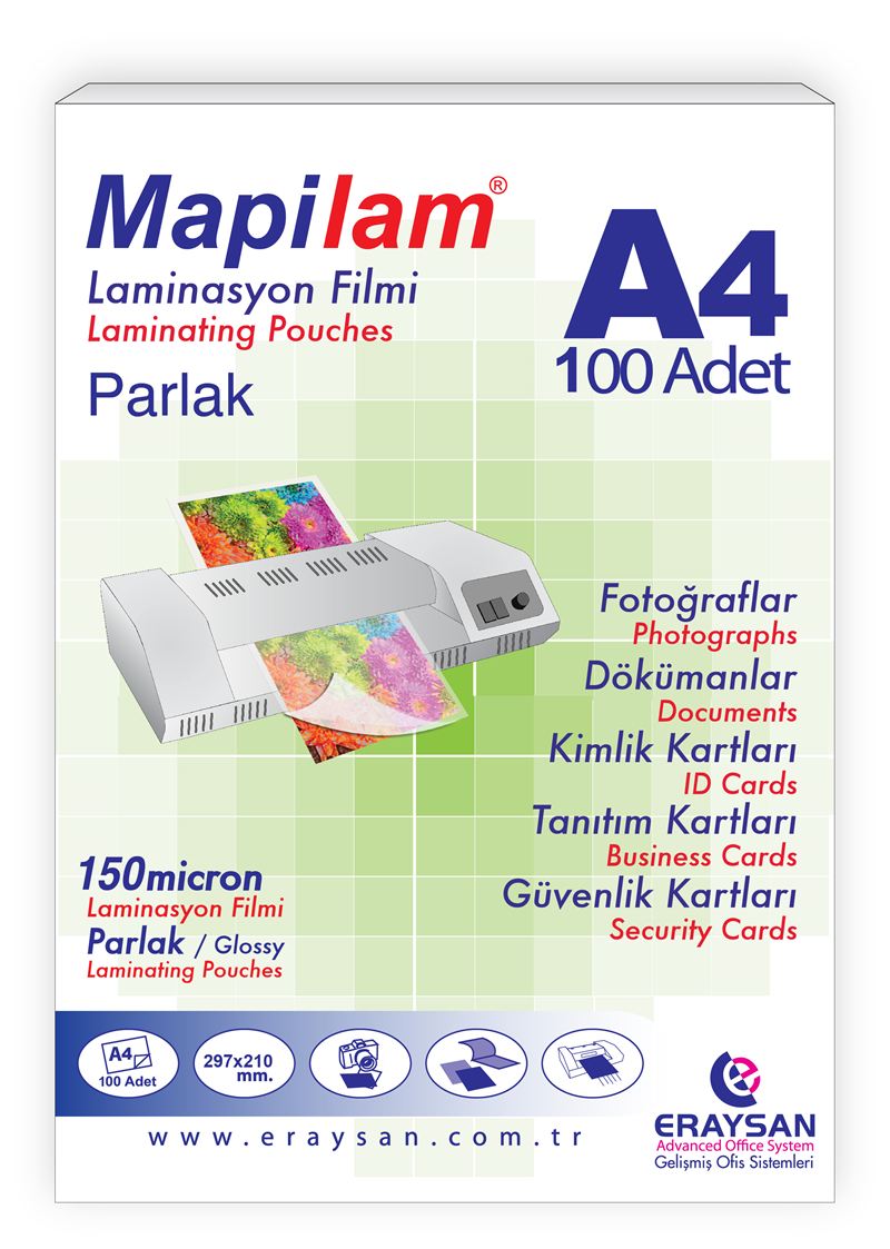 MAPİLAM 150 MİCRON PARLAK LAMİNASYON FİLMİ (A4) 100 LÜ