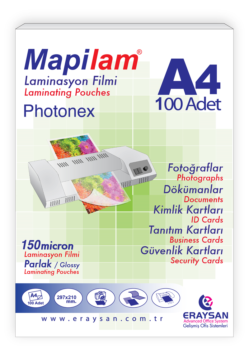 MAPİLAM 150 MİCRON SICAK PHOTONEX LAMİNASYON FİLMİ (A4) 100 LÜ