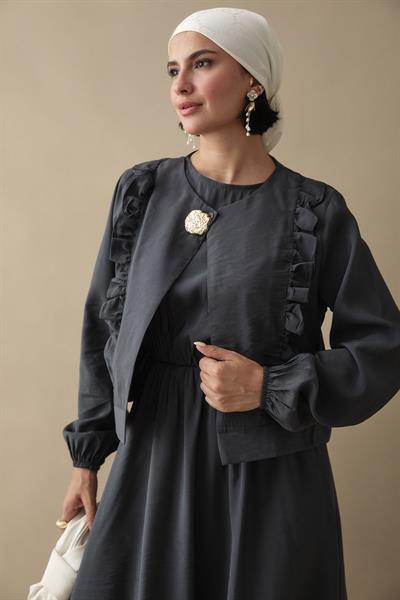 Fırfır Ceketli Modal Antrasit Jile Elbise