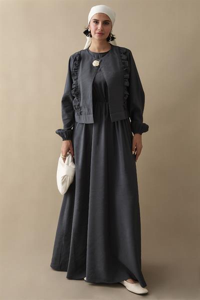Fırfır Ceketli Modal Antrasit Jile Elbise