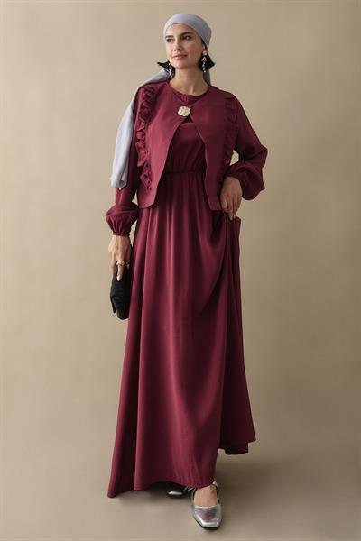 Fırfır Ceketli Modal Bordo Jile Elbise