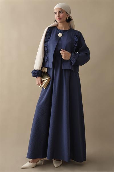 Fırfır Ceketli Modal Lacivert Jile Elbise