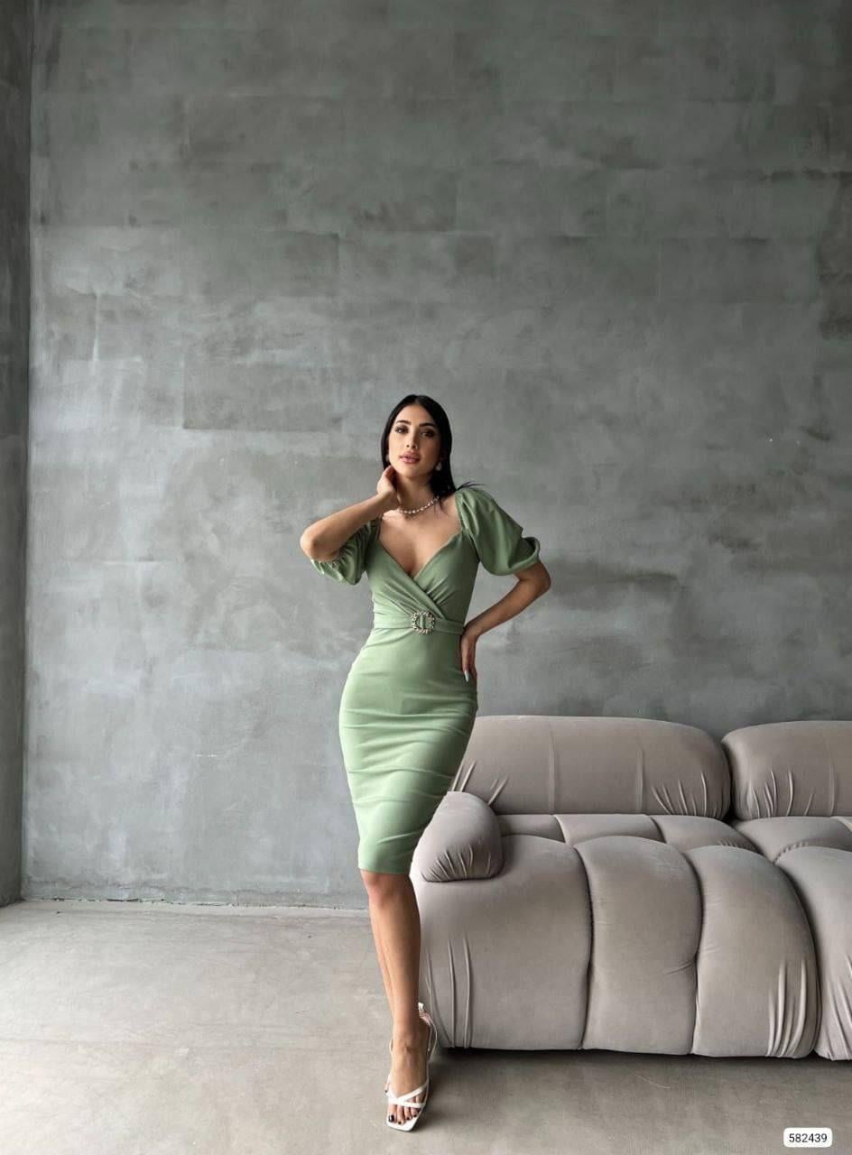   Kendinden Kemerli Krep Kumaş Kısa Kollu Elbise 582439 Mint