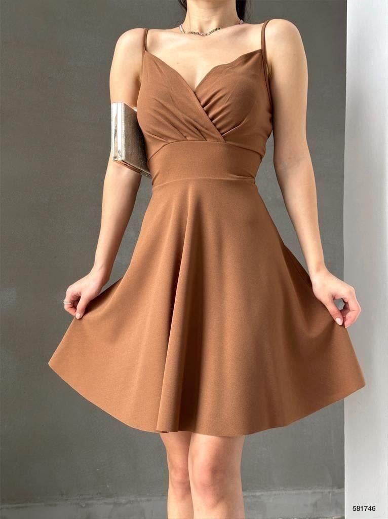   Krep Kumaş Saks Mavisi Ince Askılı Kloş Elbise 581746 Vizon