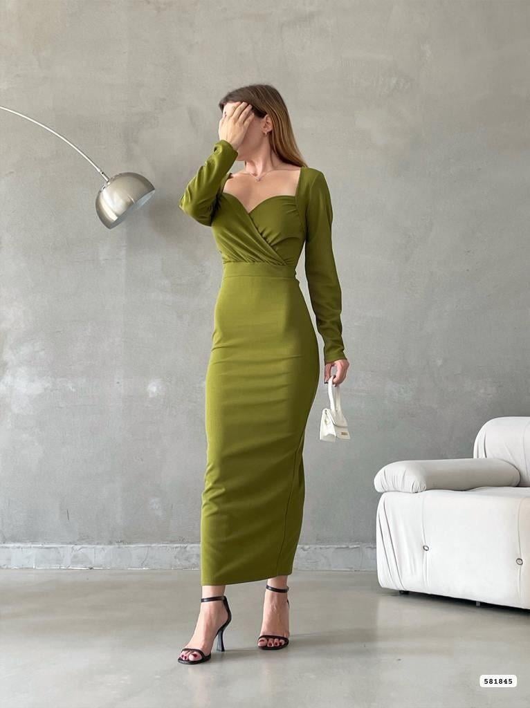   Kruvaze Yaka Arka Yırtmaçlı Midi Elbise 581845   FISTIK YEŞİL