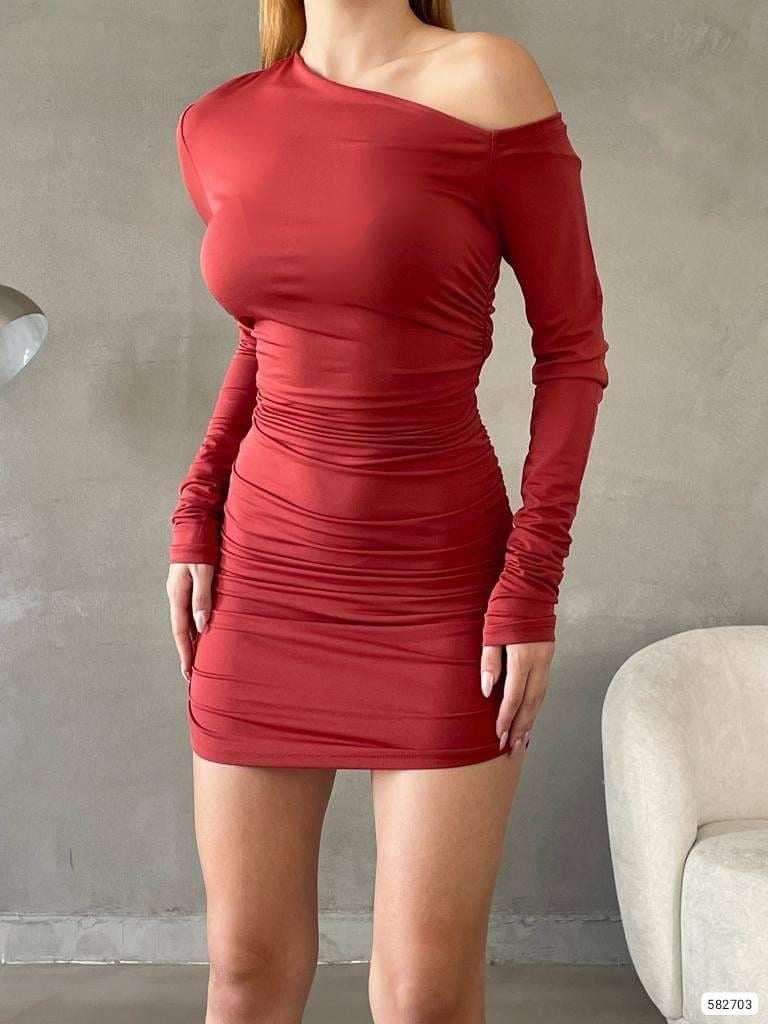 Kruvaze Mini Boy Omuz Detaylı Omzu Açık Ithal Krep Kumaş Elbise 582703 KİREMİT