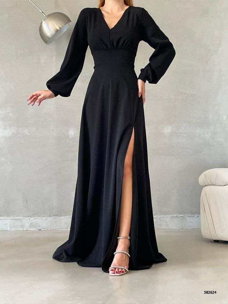 V Yaka Yırtmaçlı Uzun Abiye Elbise 582624 SİYAH