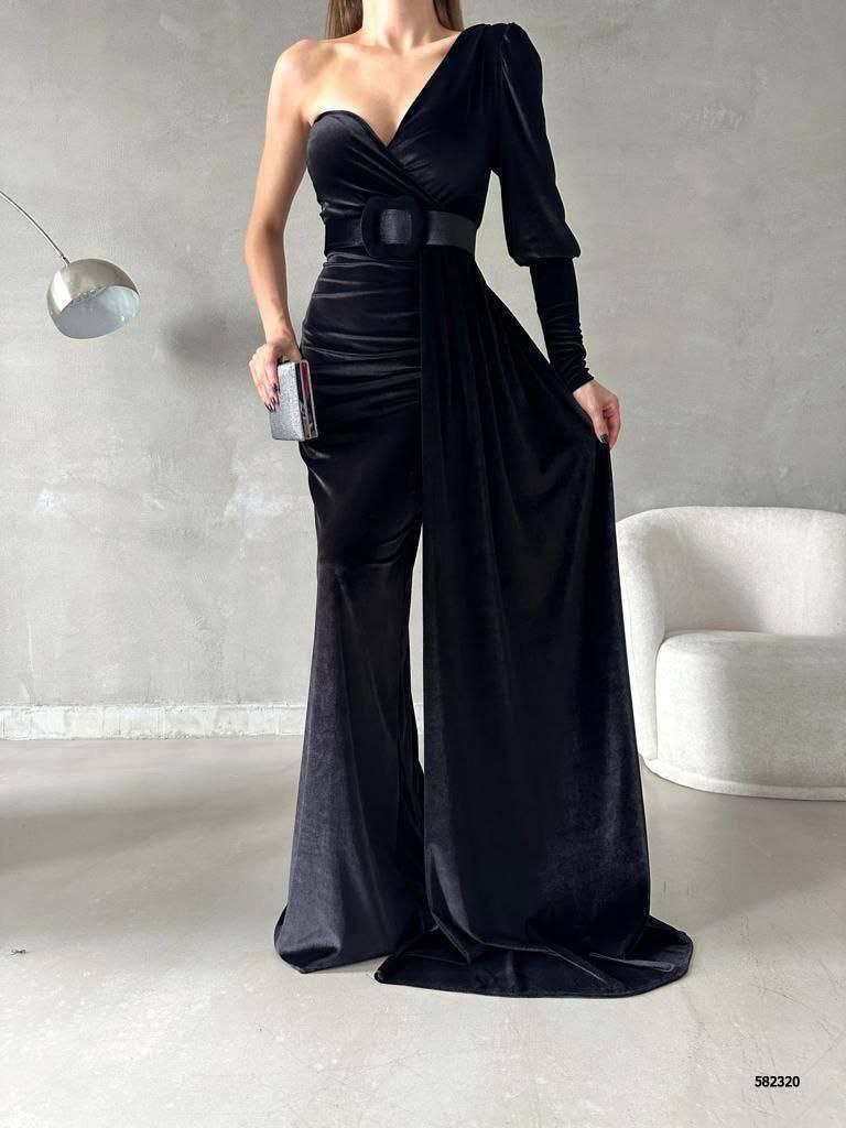 Tek Omuz Kemerli Maxi Boy Kadife Kumaş Abiye Elbise 582320 SİYAH
