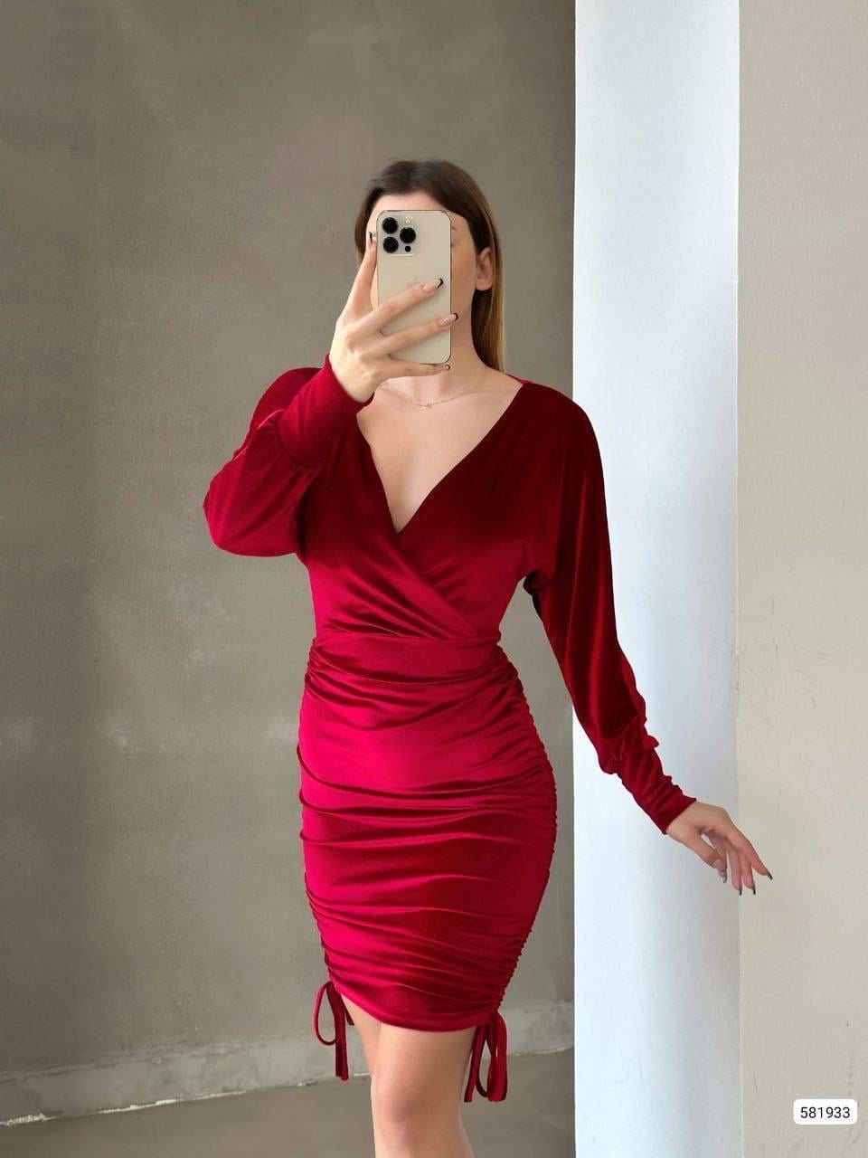 Drapeli Kruvaze Yaka Mini Boy Kadife Kumaş Abiye Elbise 581933 KIRMIZI