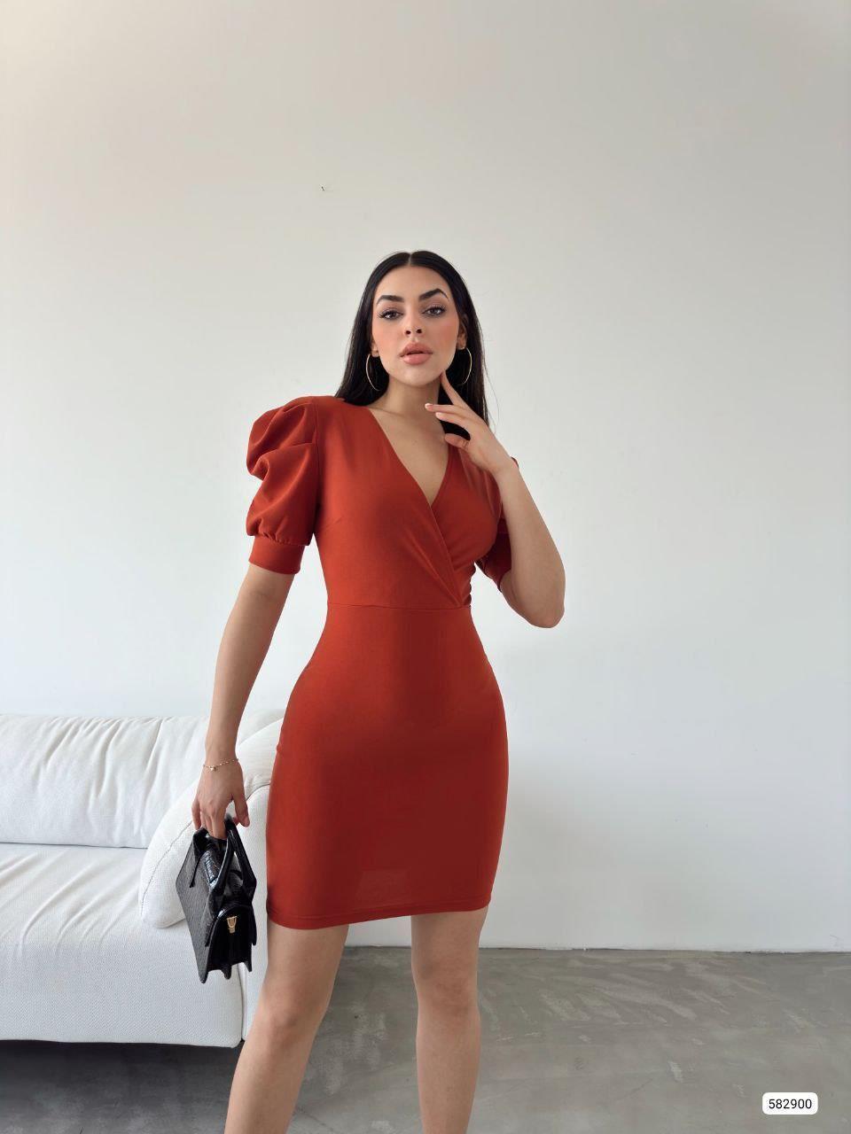 Krep Kumaş Kısa Kollu Kruvaze Yaka Elbise 582900 KİREMİT