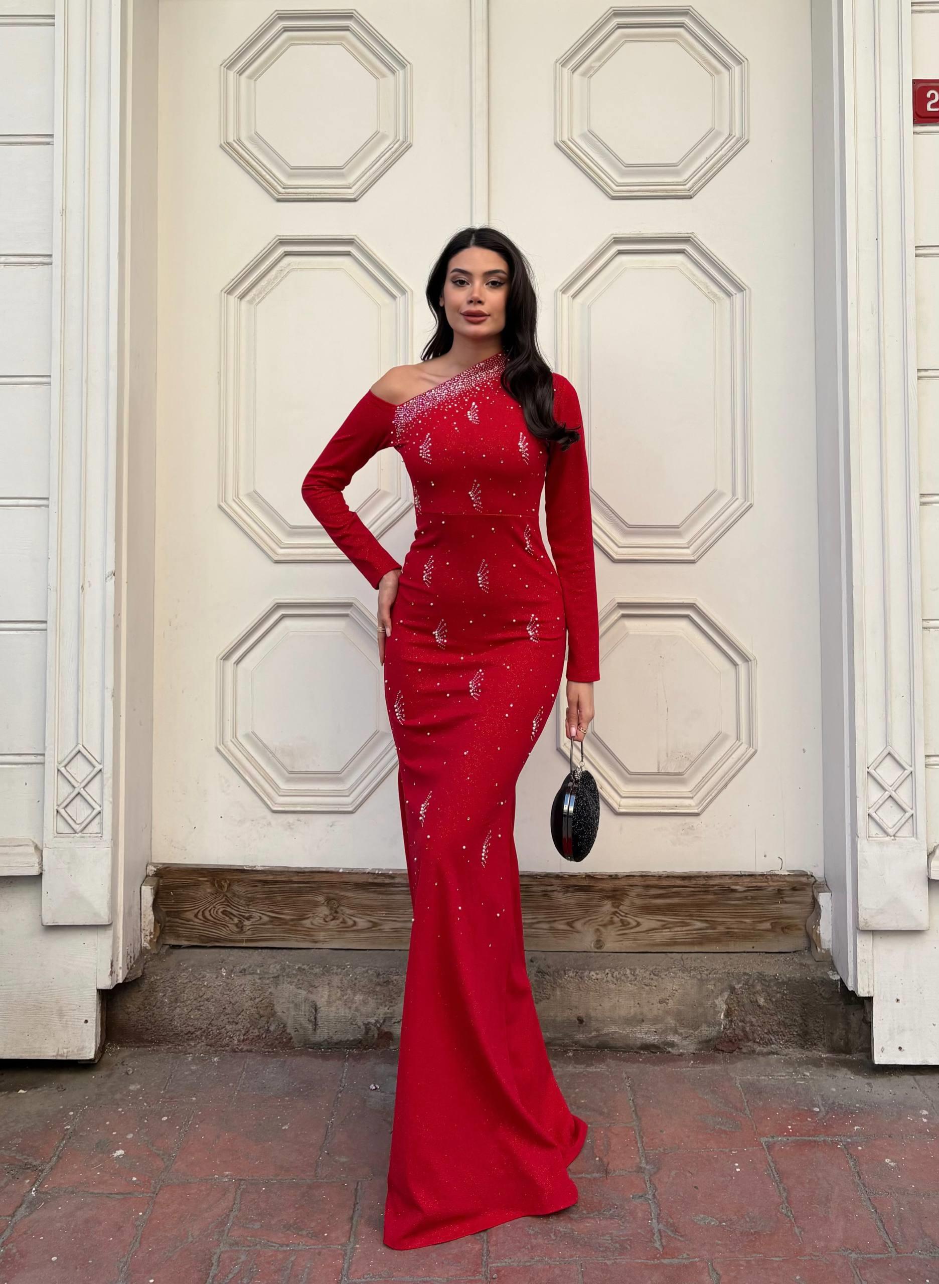 simli krep Kumaş Tek Omuz Taş İşleme Detaylı Abiye Elbise 583373 KIRMIZI