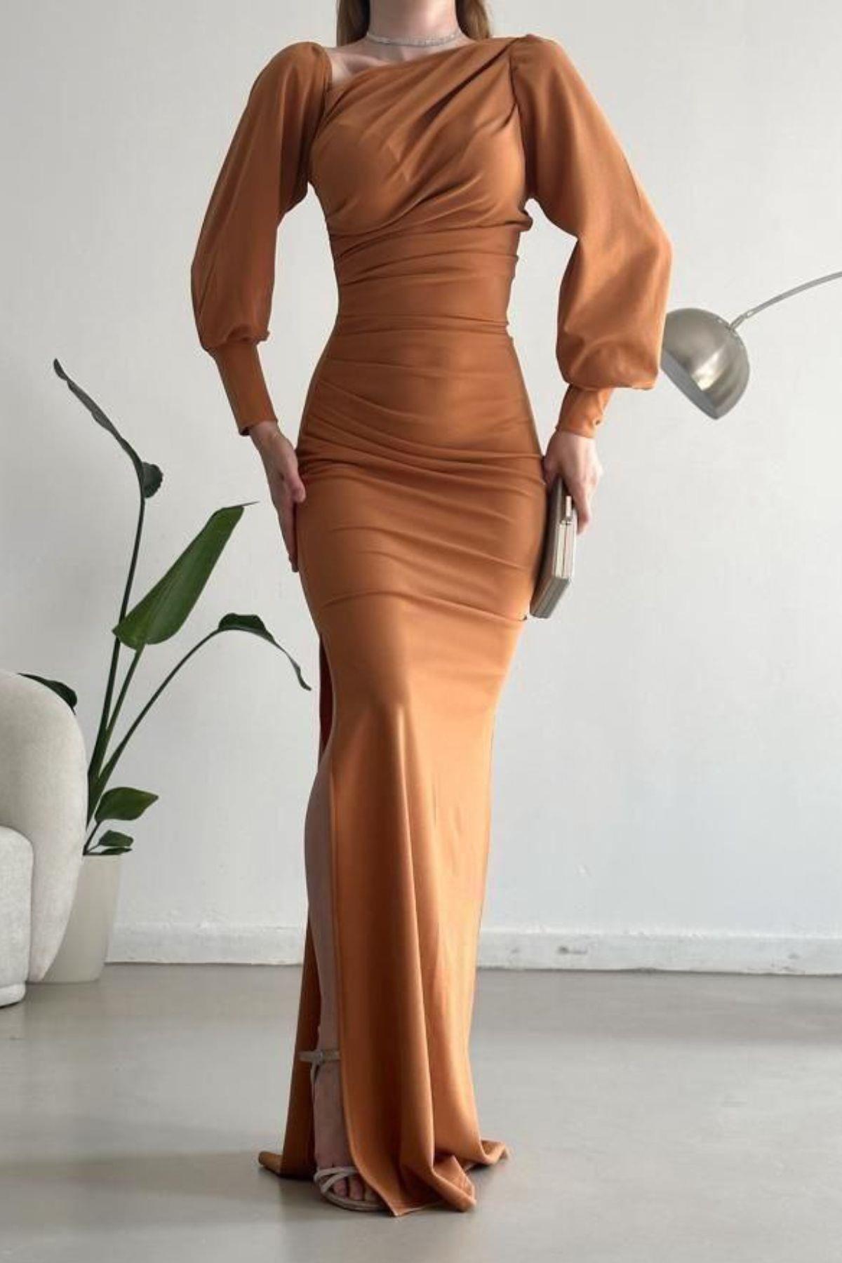 Tek Omuz Açık Detay Ithal Krep Kumaş Maxi Boy Uzun Kol Elbise Kahverengi 582307