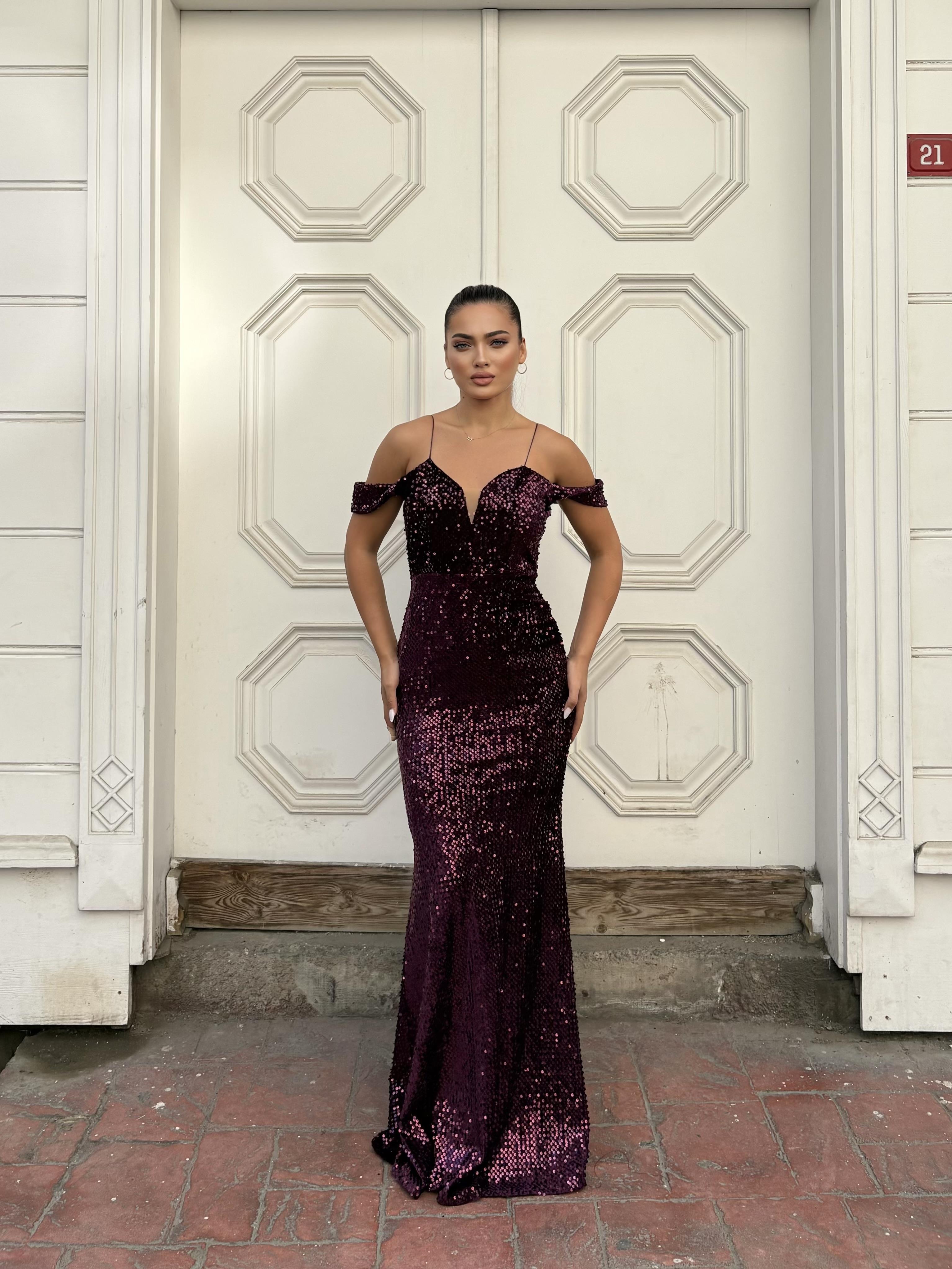  Trend Band Kol Kadife Balık Elbise AÇIK MOR 583198