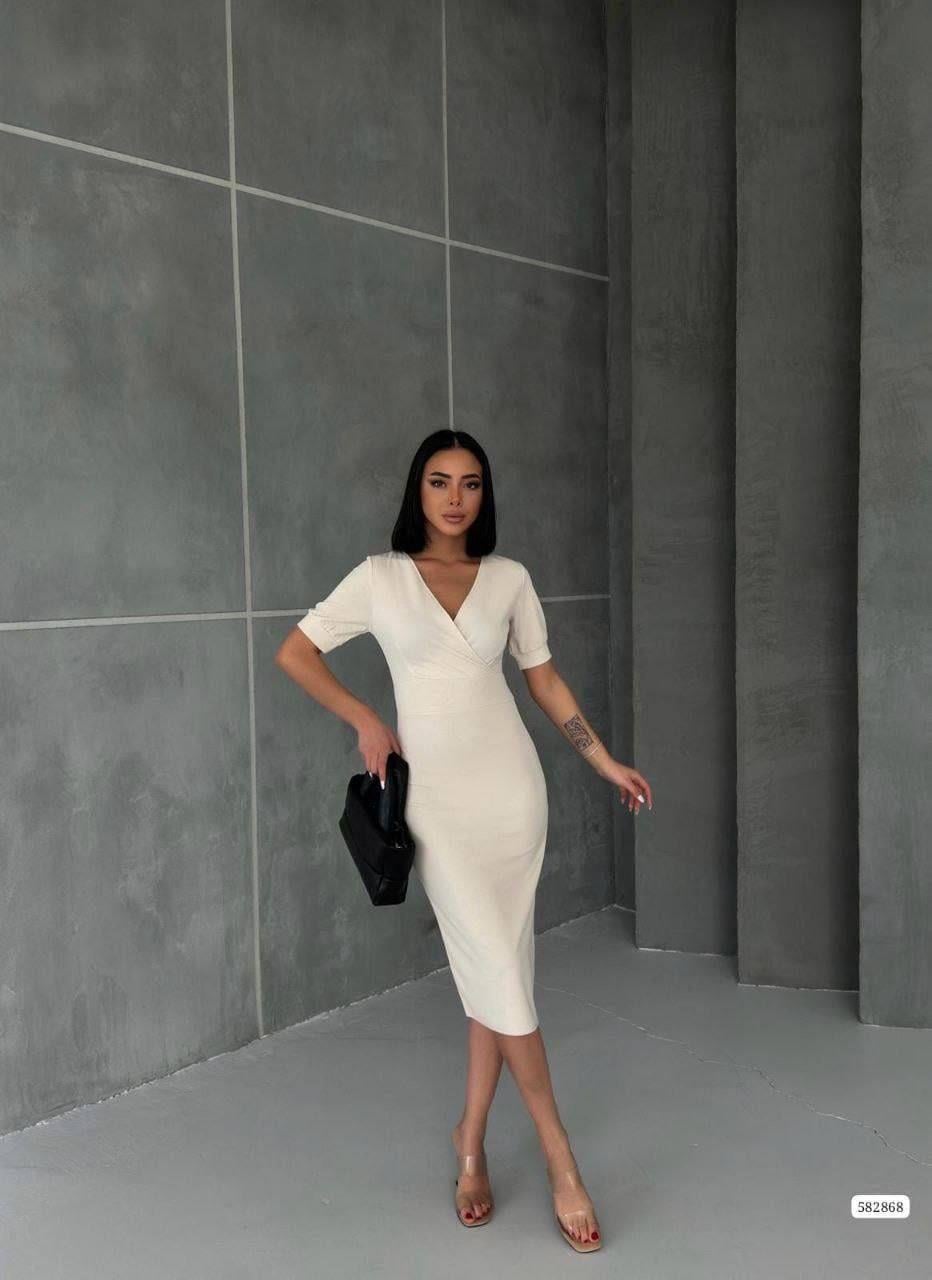 Kruvaze Yaka Kısa Kol Kalem Elbise BEJ 582868