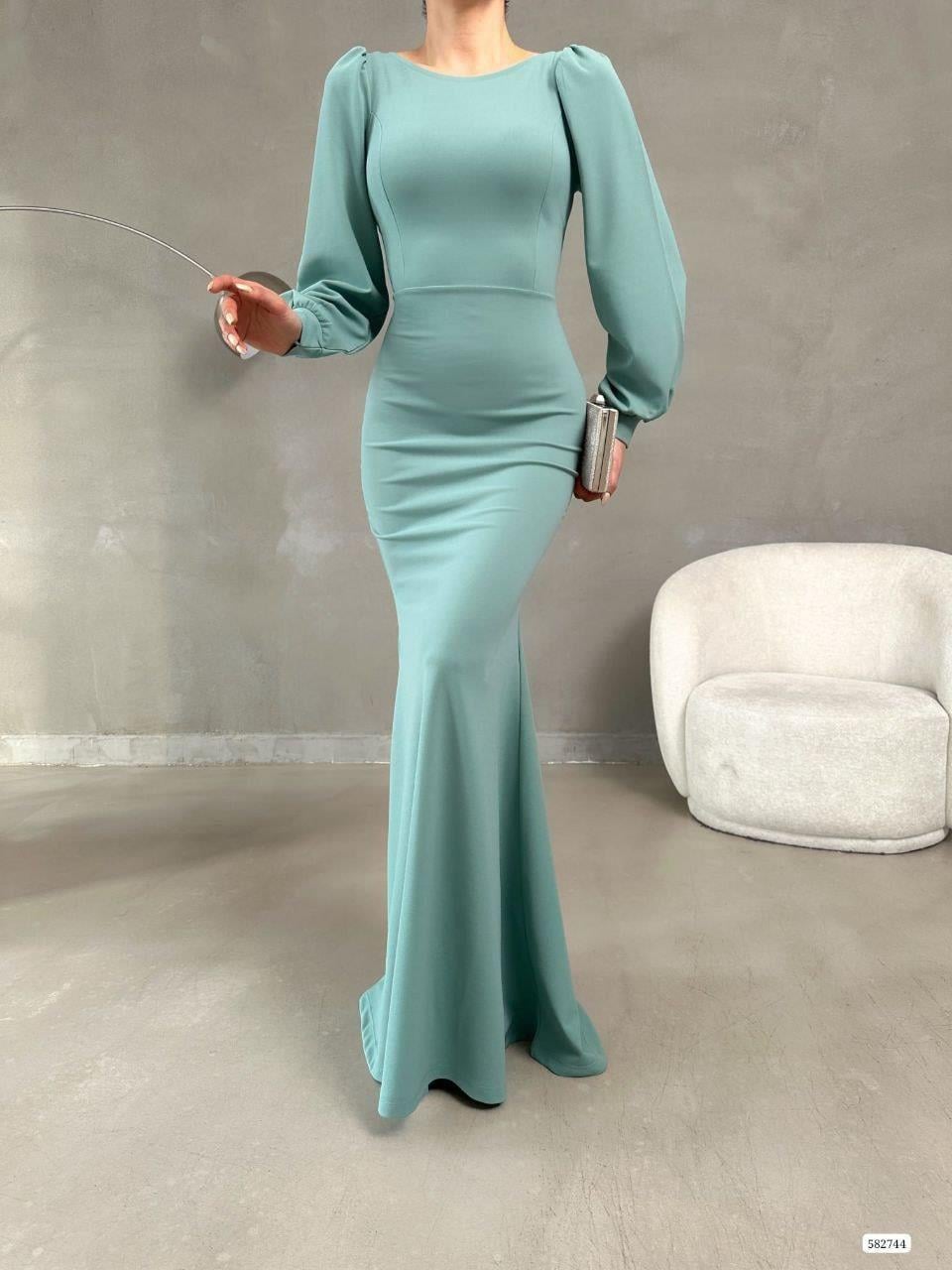 Balon Kol Balık Model Maxi Boy İthal Krep Kumaş Elbise 582744 Mint