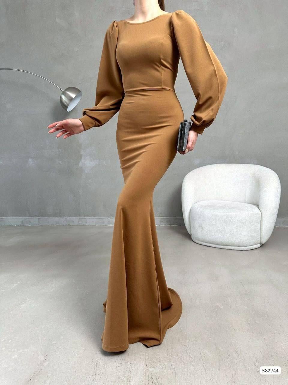 Balon Kol Balık Model Maxi Boy İthal Krep Kumaş Elbise 582744 Camel