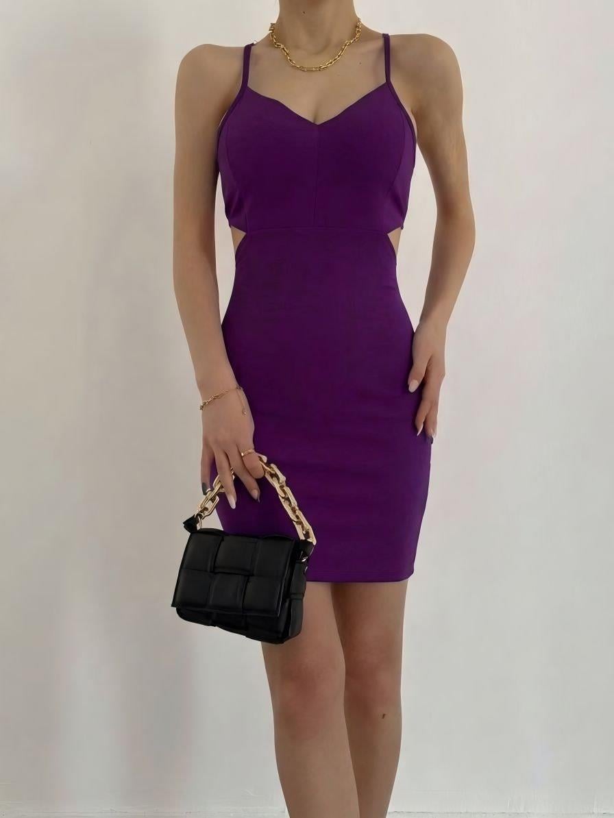 Bel Dekolteli Mini Krep Elbise 581789 Açık Mor