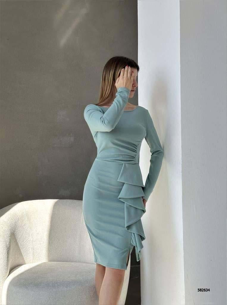 Bisiklet Yaka Uzun Kol Volan Detay Ithal Krep Kumaş Elbise 582634 Mint