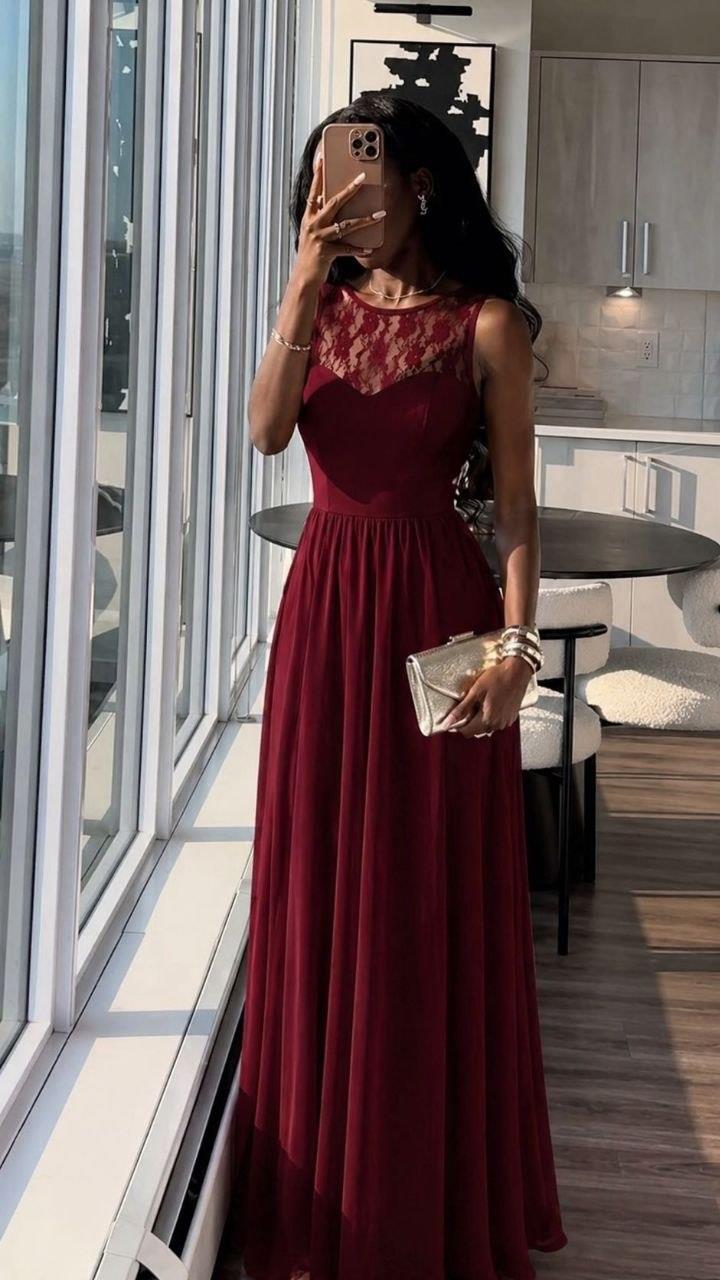Bordo Dantel Detaylı Uzun Abiye Elbise 58271