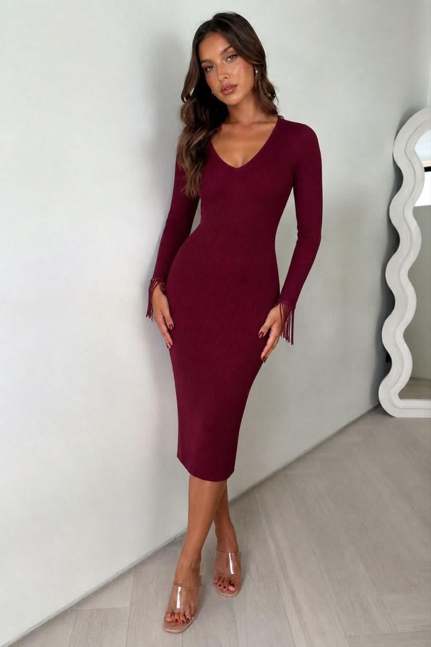 Bordo Püsküllü V Yaka Midi Boy Abiye Elbise 58415