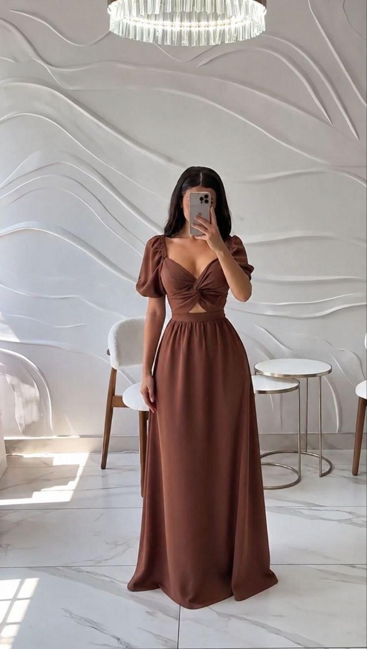 Kahve Düğüm Detaylı Uzun Abiye Elbise 583008