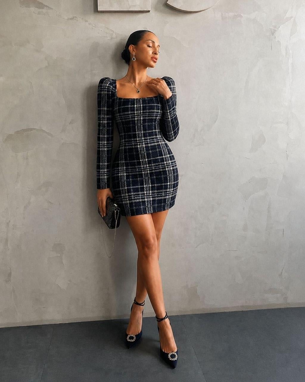 Ekose Kare Yaka Mini Elbise 581508