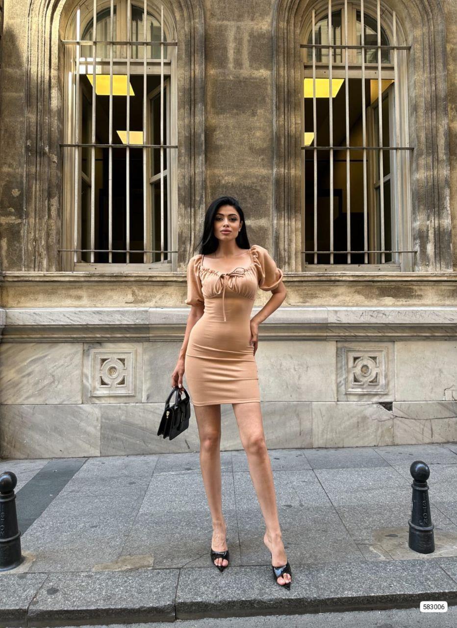 Fendy Büzgü Detay Mini Elbise 583006 Vizon