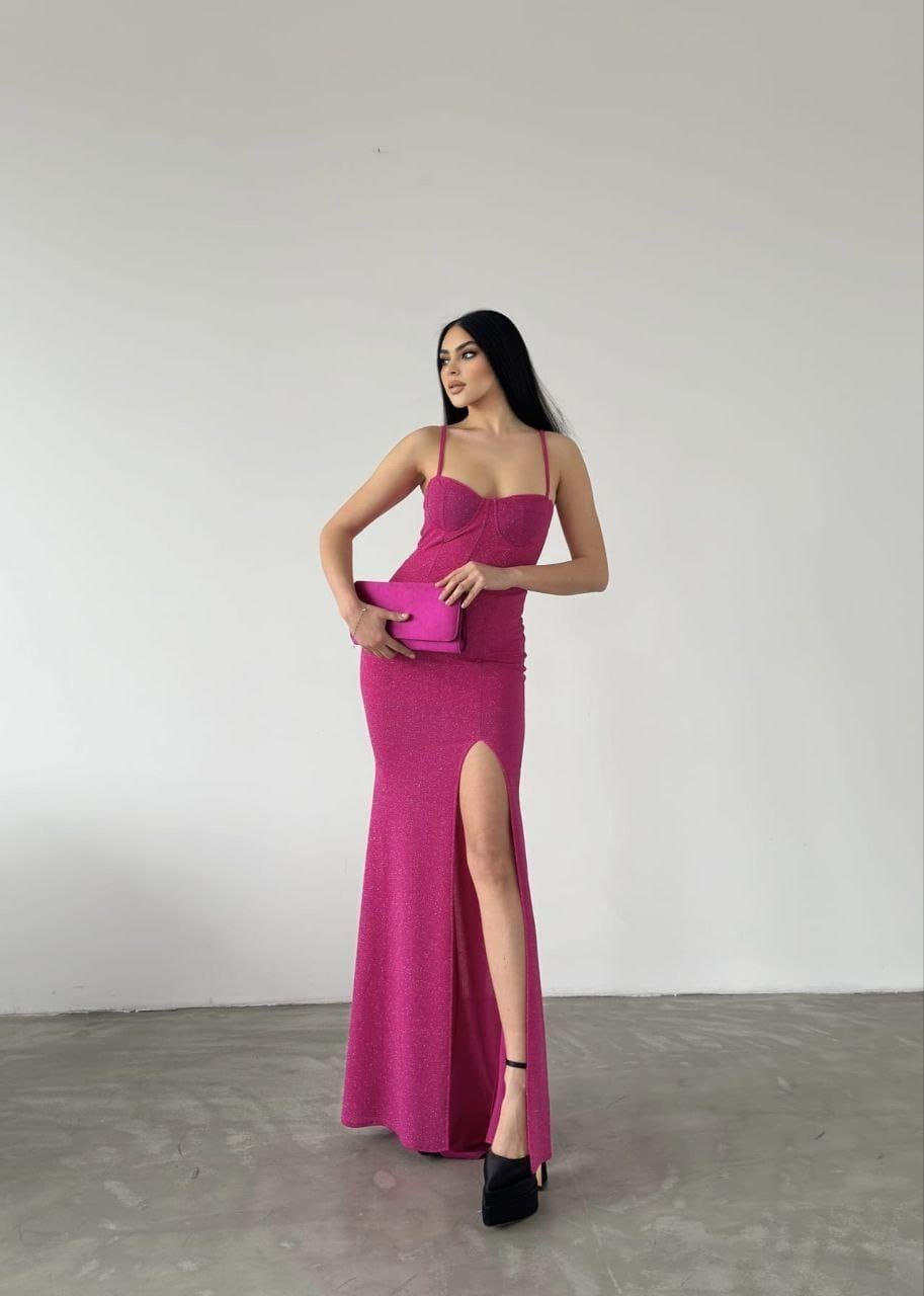 Fukuro Kumaş Yırtmaç Detay Premium Abiye Elbise Fuşya 582419