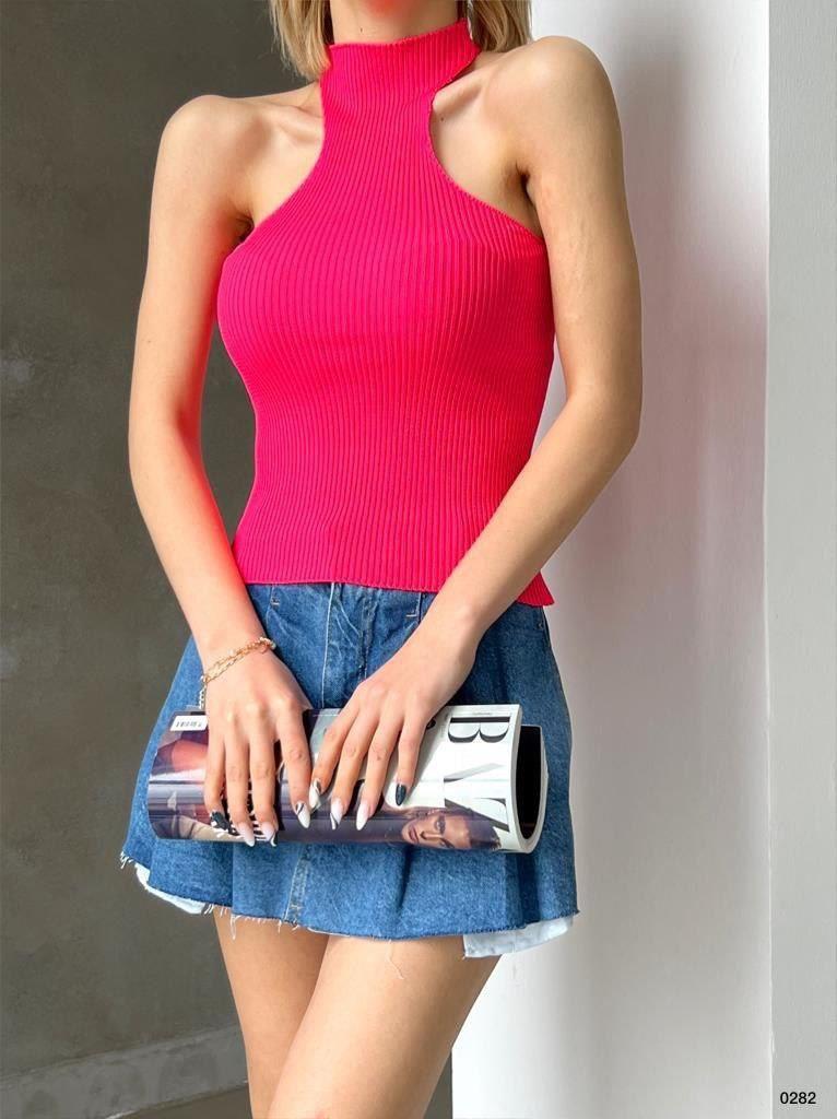 Fuşya Dik Yaka Kolsuz Triko Bluz TR0282