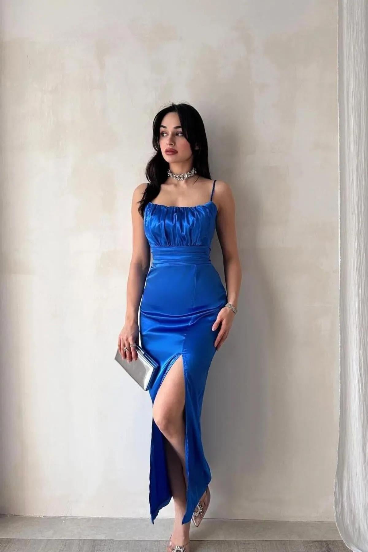 İnce Askılı Göğüs Drapeli Saten Elbise Saks 583217
