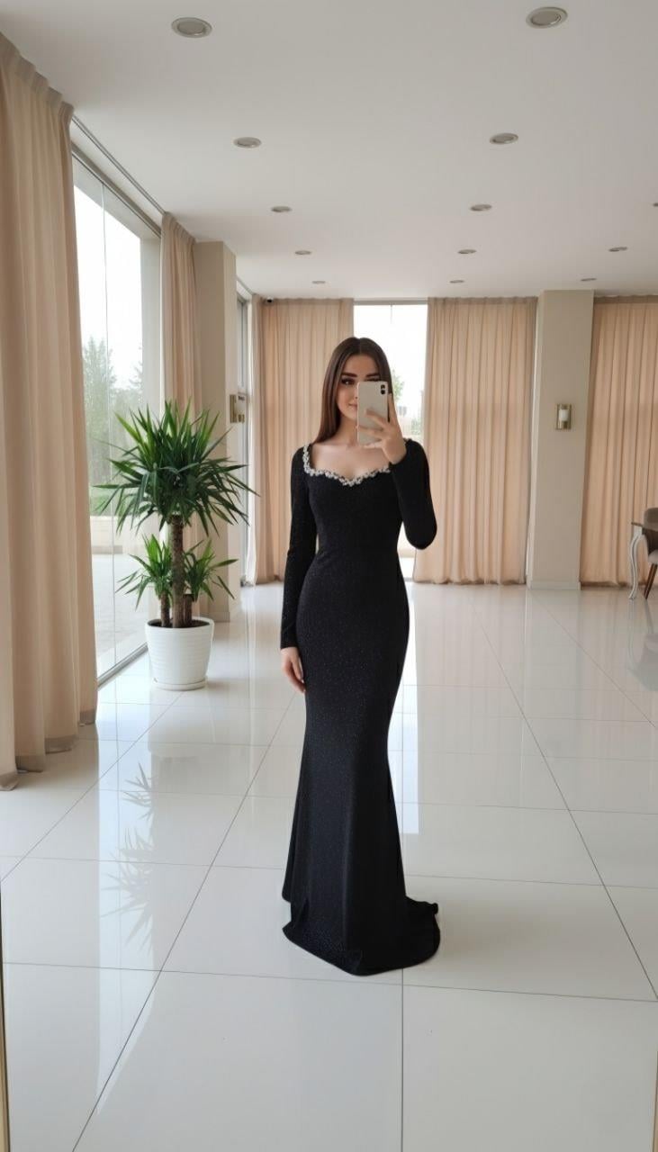 Kalp Yaka Balık Model Flowers Kumaş Abiye Elbise SİYAH 583376