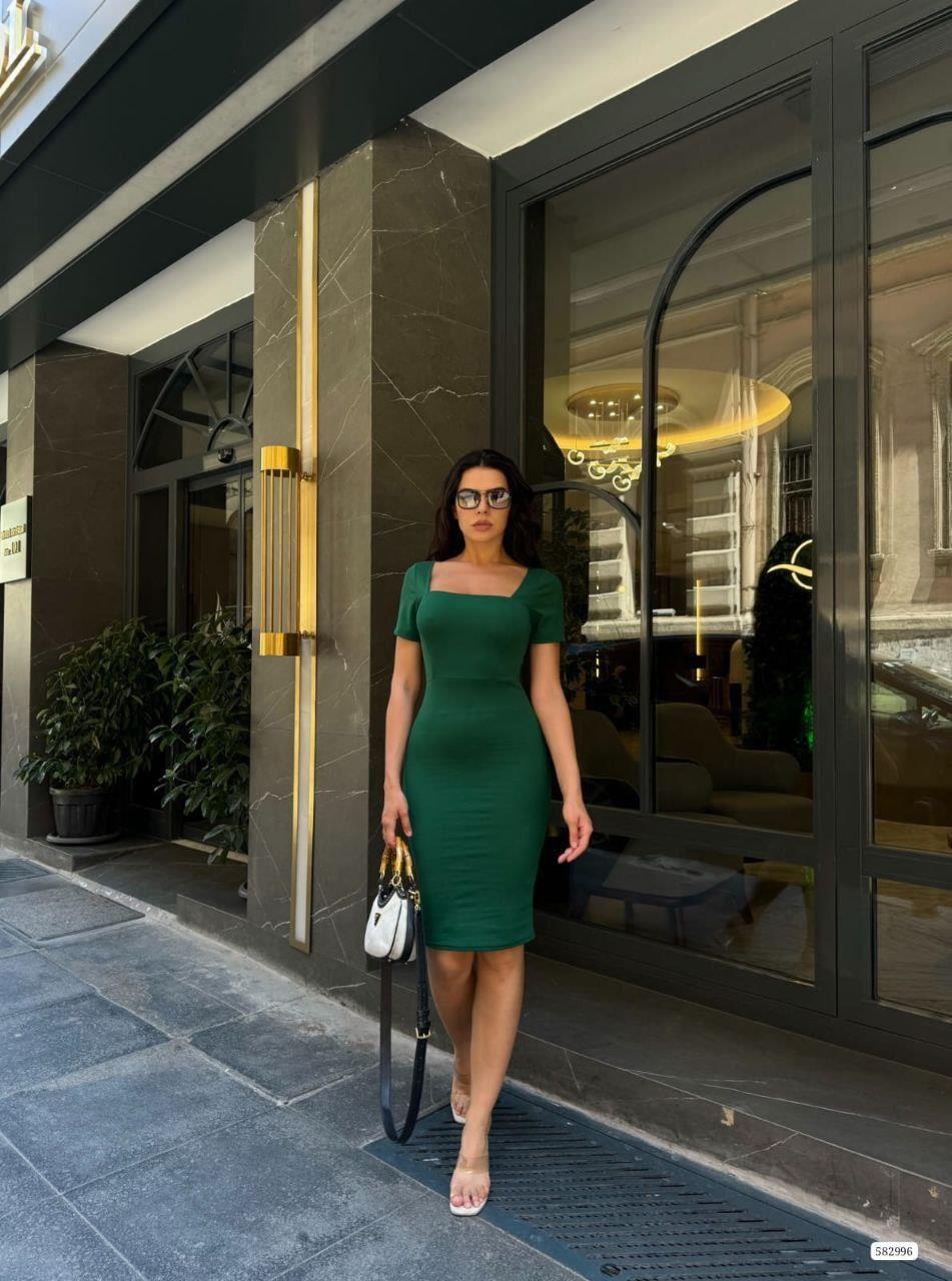 Kare Yaka Mini Basıc Elbise 582996 Zumrut