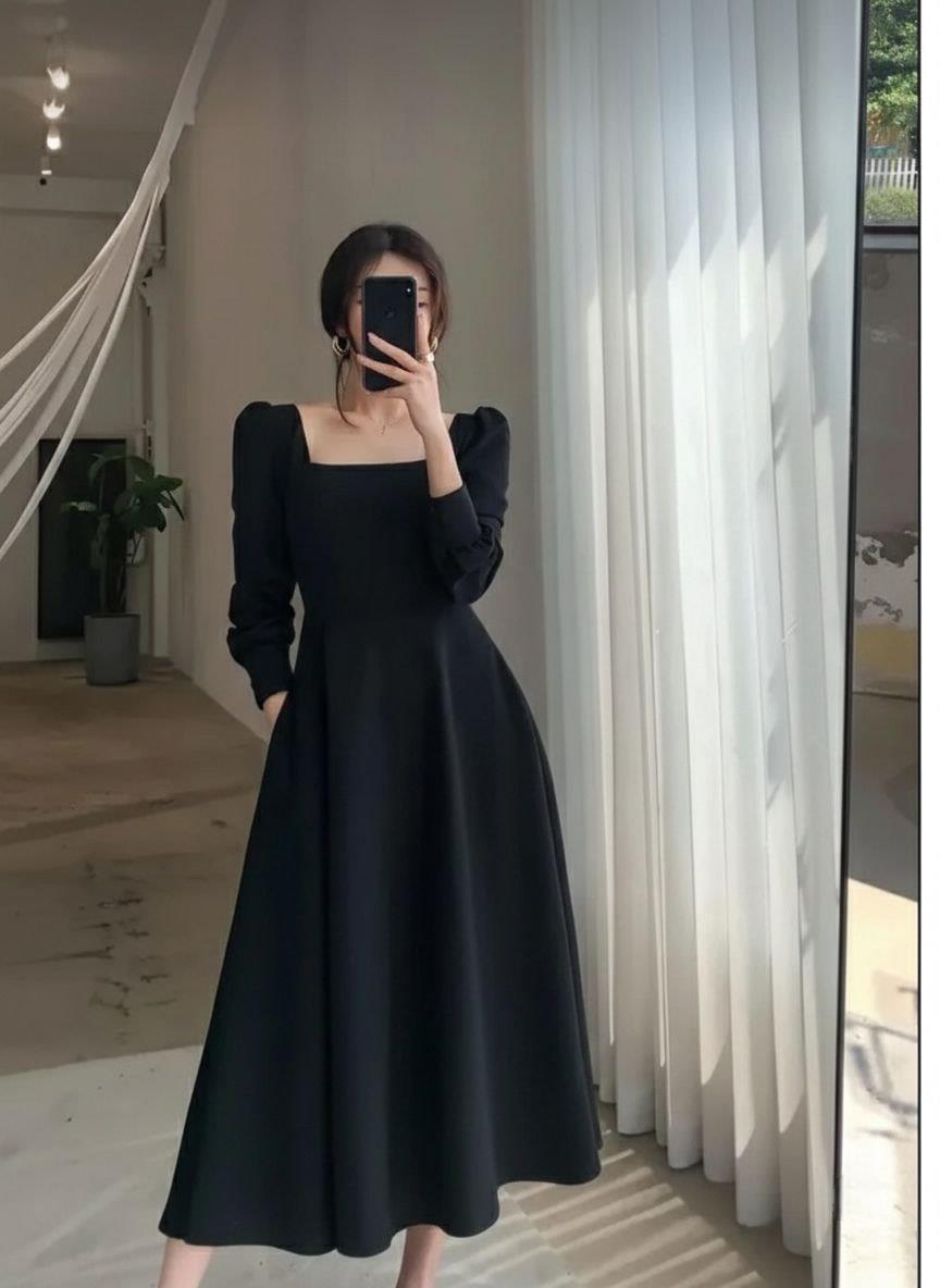 Kare Yaka Uzun Kol Midi Klos Elbise 581932 siyah