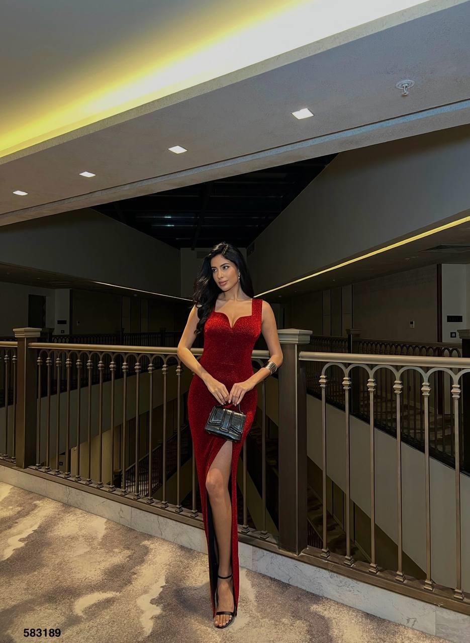 Kırmızı Flowers kumaş Askılı Yırtmaçlı Maxi Boy Abiye Elbise 583189