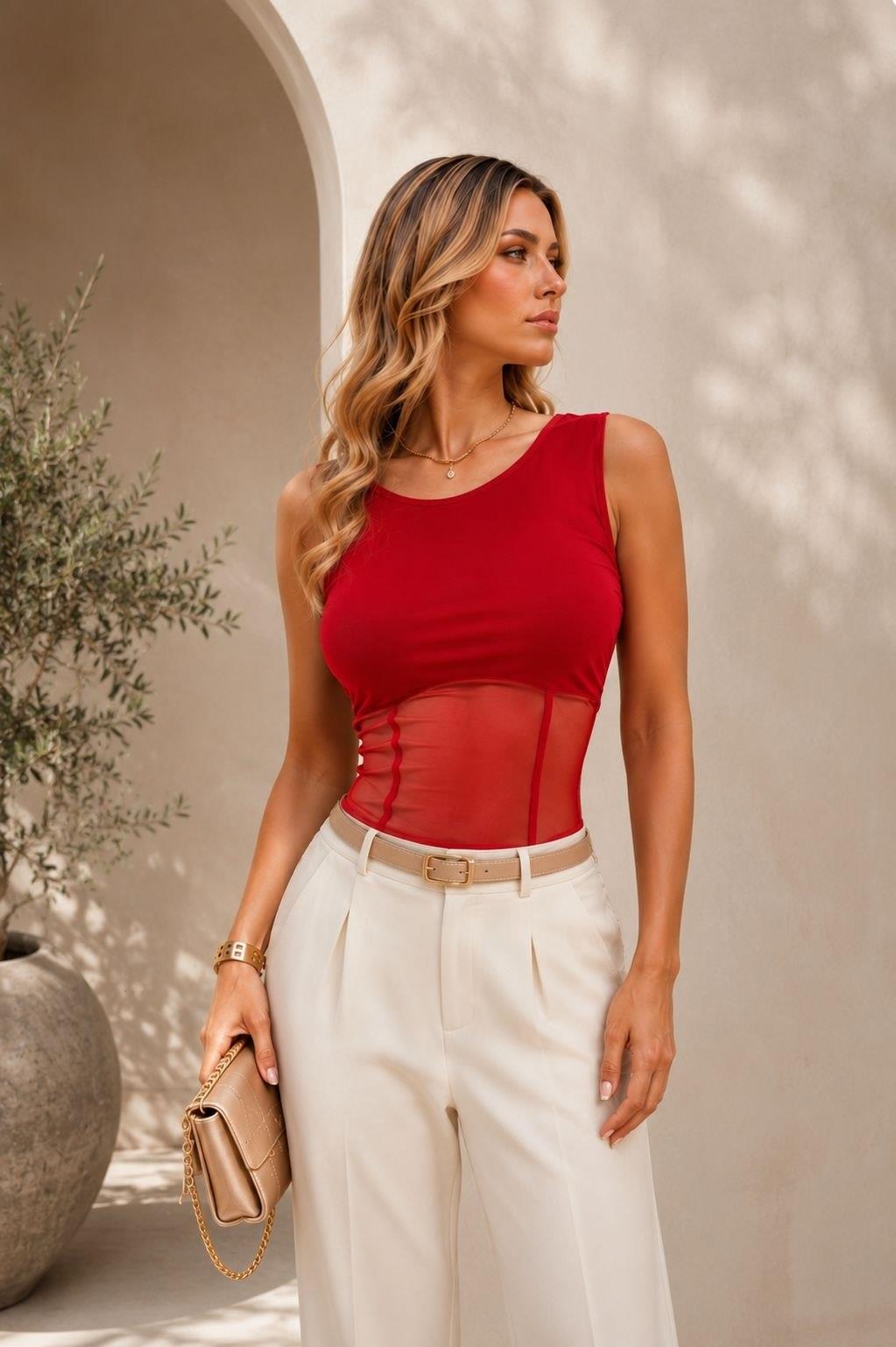 Kırmızı Tül Detaylı Kolsuz Body 582503